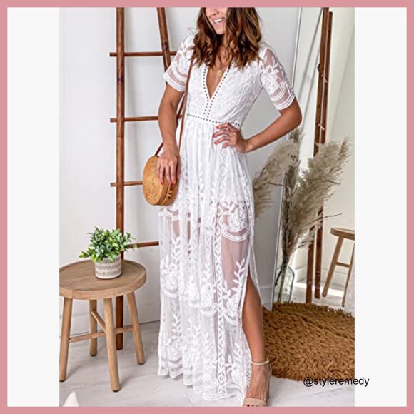 Lace Romper Dress with V-Neck and Sheer Back - Picture 6 of 7